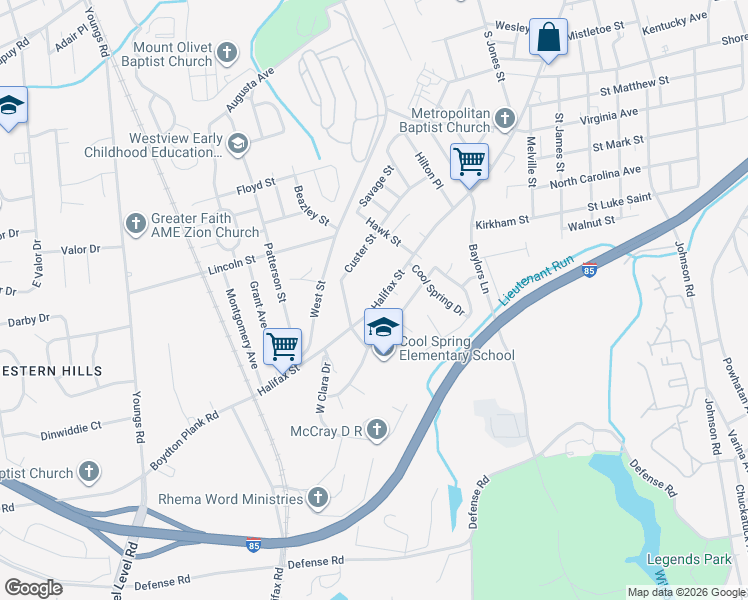 map of restaurants, bars, coffee shops, grocery stores, and more near 1465 Halifax Street in Petersburg