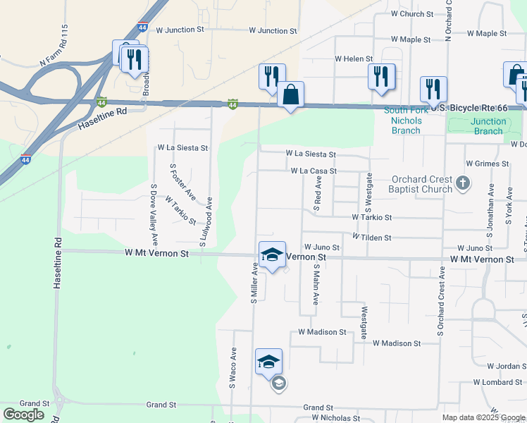 map of restaurants, bars, coffee shops, grocery stores, and more near 500 South Miller Avenue in Springfield