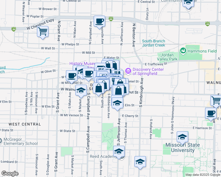 map of restaurants, bars, coffee shops, grocery stores, and more near 305 East Walnut Street in Springfield