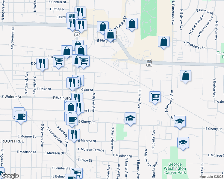map of restaurants, bars, coffee shops, grocery stores, and more near 2005 East Cairo Street in Springfield