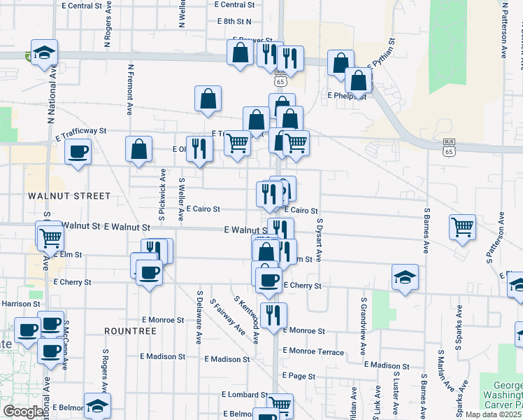 map of restaurants, bars, coffee shops, grocery stores, and more near 313 South Glenstone Avenue in Springfield