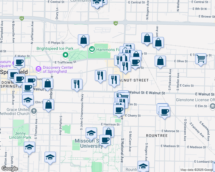 map of restaurants, bars, coffee shops, grocery stores, and more near 319 South Hampton Avenue in Springfield