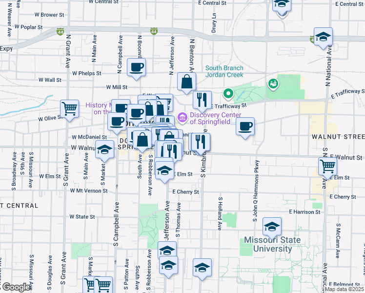 map of restaurants, bars, coffee shops, grocery stores, and more near 505 East Walnut Street in Springfield
