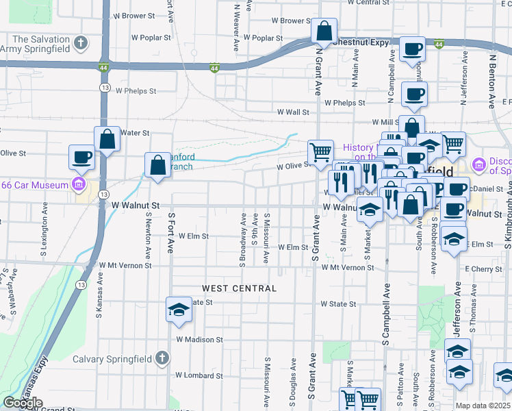 map of restaurants, bars, coffee shops, grocery stores, and more near 933 West Walnut Street in Springfield