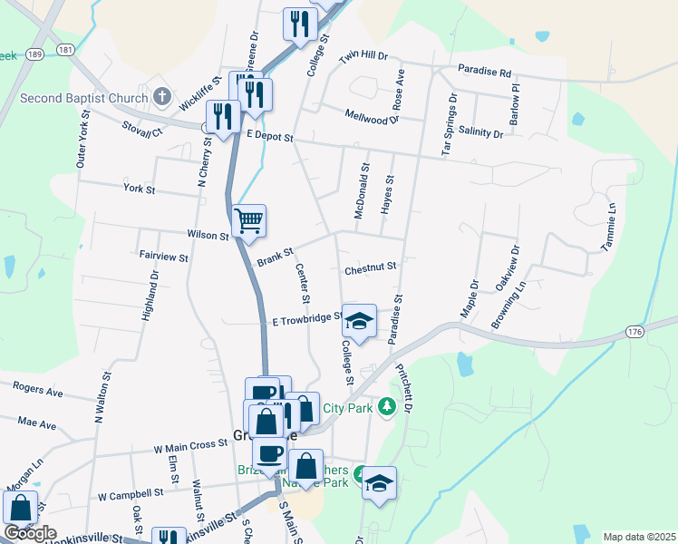map of restaurants, bars, coffee shops, grocery stores, and more near 215 College Street in Greenville