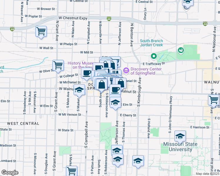 map of restaurants, bars, coffee shops, grocery stores, and more near 311 East Walnut Street in Springfield