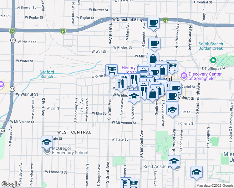 map of restaurants, bars, coffee shops, grocery stores, and more near 639 West Walnut Street in Springfield
