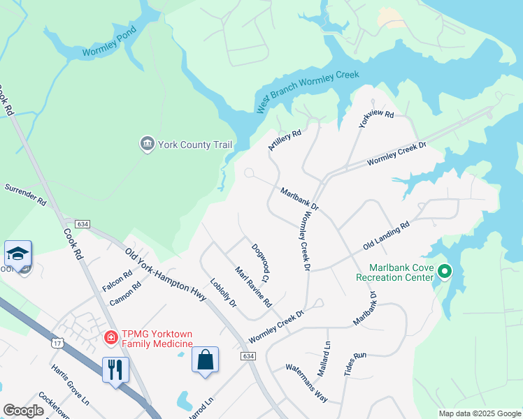 map of restaurants, bars, coffee shops, grocery stores, and more near 111 Artillery Road in Yorktown