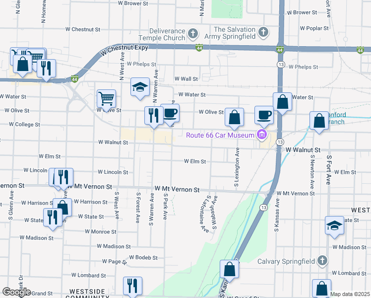map of restaurants, bars, coffee shops, grocery stores, and more near 2116 West Walnut Street in Springfield