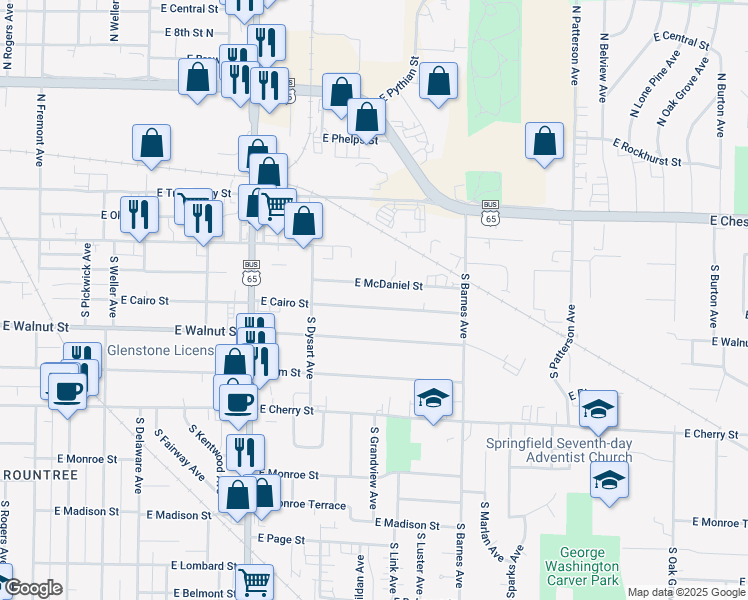 map of restaurants, bars, coffee shops, grocery stores, and more near 2005 East Cairo Street in Springfield