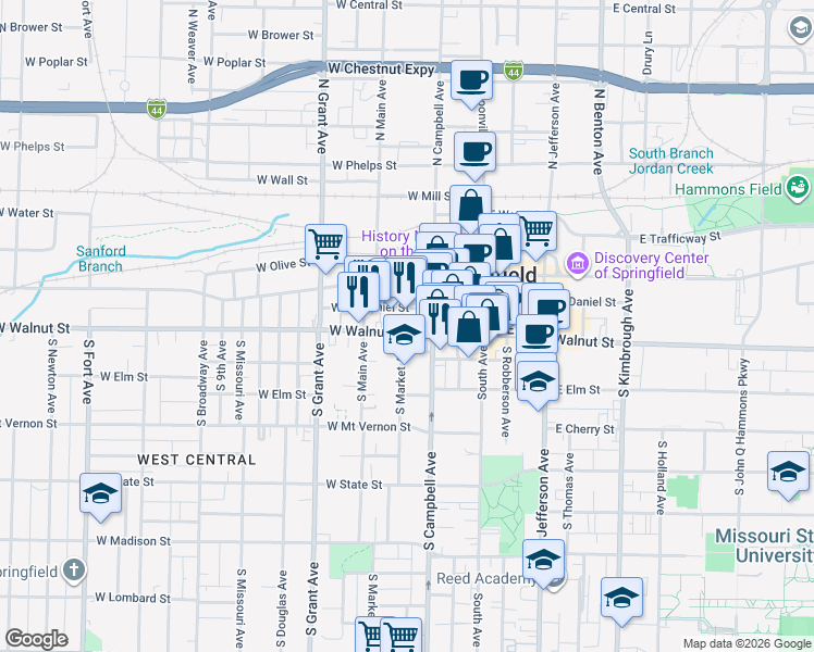 map of restaurants, bars, coffee shops, grocery stores, and more near 431 West Walnut Street in Springfield