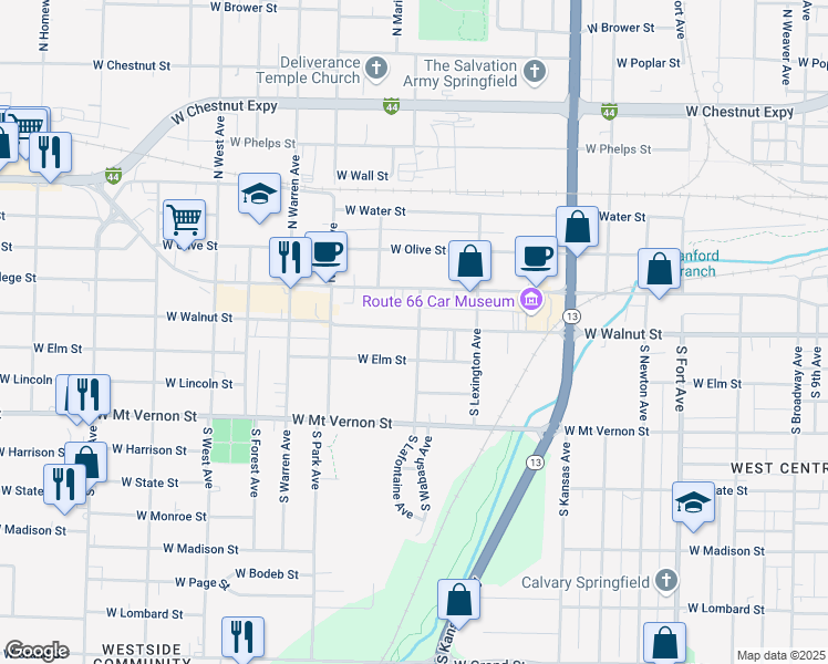 map of restaurants, bars, coffee shops, grocery stores, and more near 2000 West Walnut Street in Springfield
