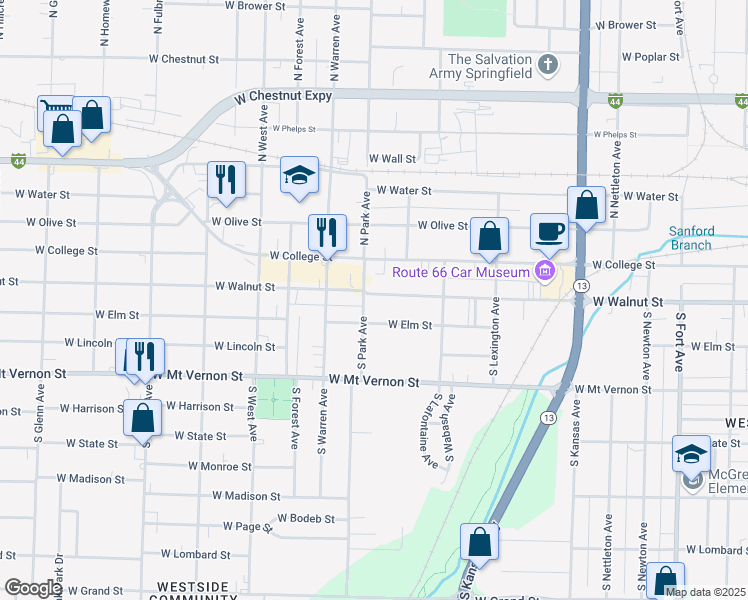 map of restaurants, bars, coffee shops, grocery stores, and more near 2136 West Walnut Street in Springfield