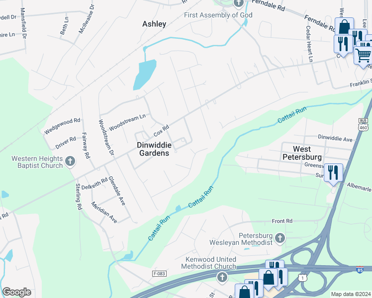 map of restaurants, bars, coffee shops, grocery stores, and more near 4900 Berk Court in Petersburg
