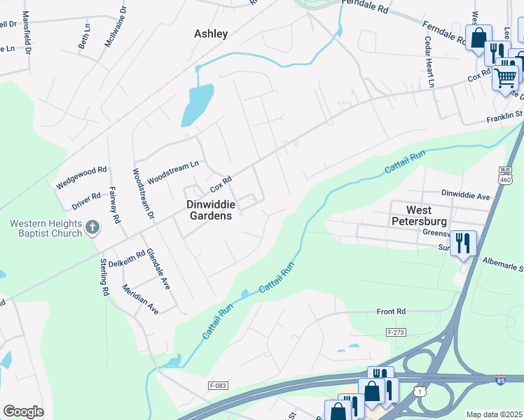 map of restaurants, bars, coffee shops, grocery stores, and more near 4900 Berk Court in Petersburg