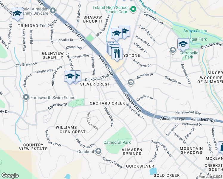 map of restaurants, bars, coffee shops, grocery stores, and more near 7024 Anjou Creek Circle in San Jose