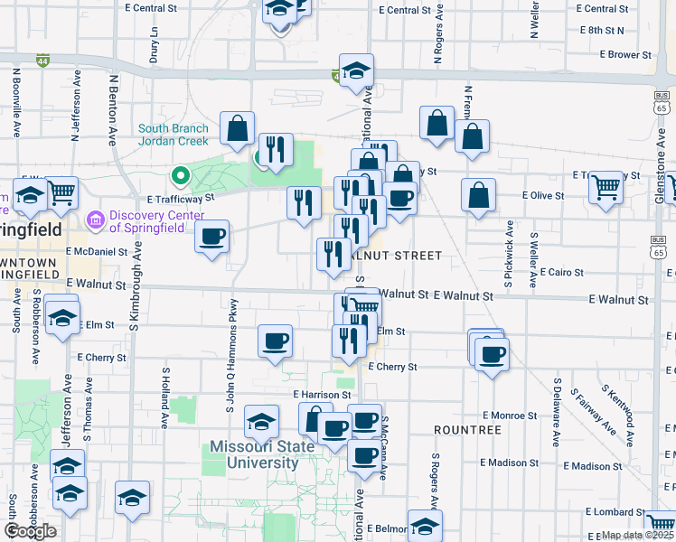 map of restaurants, bars, coffee shops, grocery stores, and more near 320 South Florence Avenue in Springfield