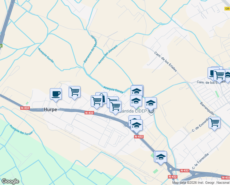 map of restaurants, bars, coffee shops, grocery stores, and more near 12 Calle Santa Rosa in Atarfe