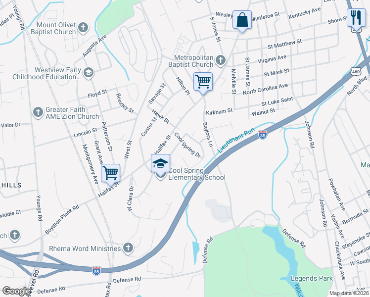 map of restaurants, bars, coffee shops, grocery stores, and more near 942 Cool Spring Drive in Petersburg