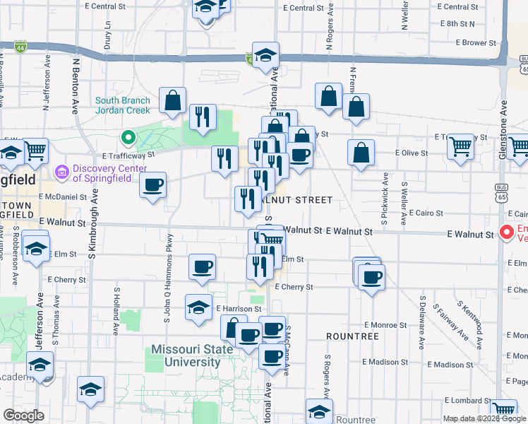 map of restaurants, bars, coffee shops, grocery stores, and more near 323 South National Avenue in Springfield