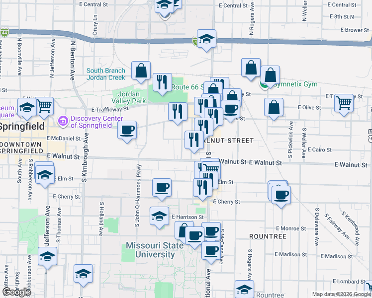 map of restaurants, bars, coffee shops, grocery stores, and more near 315 South Florence Avenue in Springfield