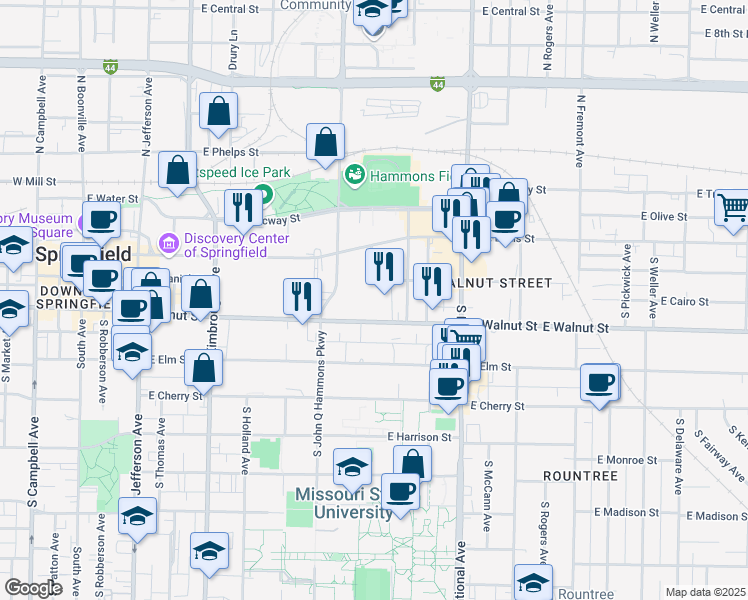 map of restaurants, bars, coffee shops, grocery stores, and more near 300 South John Q Hammons Parkway in Springfield