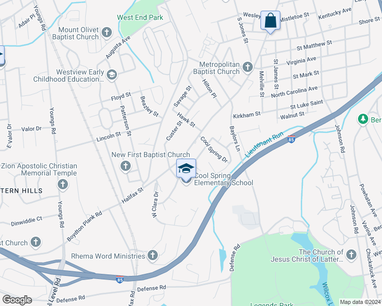 map of restaurants, bars, coffee shops, grocery stores, and more near 1450 Halifax Street in Petersburg