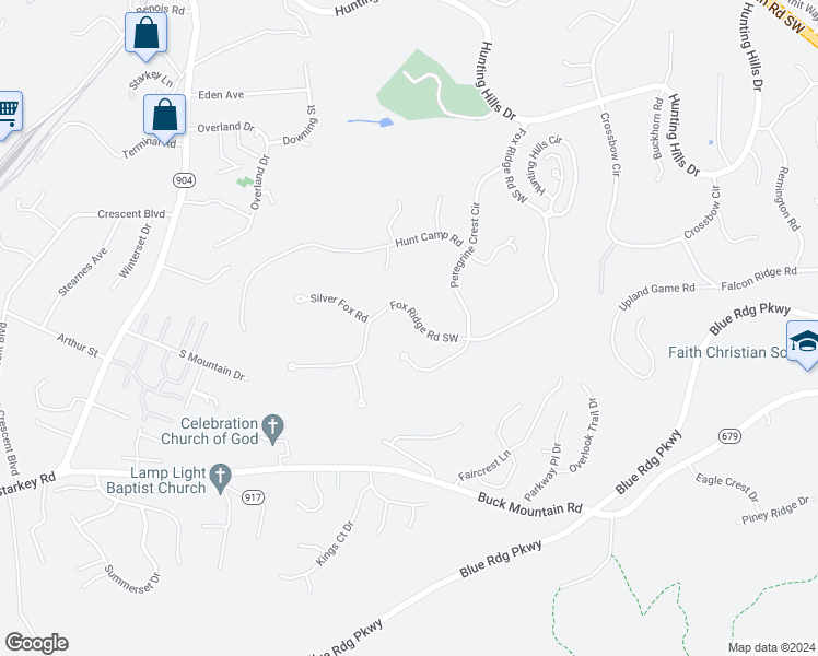 map of restaurants, bars, coffee shops, grocery stores, and more near 5150 Fox Ridge Road Southwest in Cave Spring