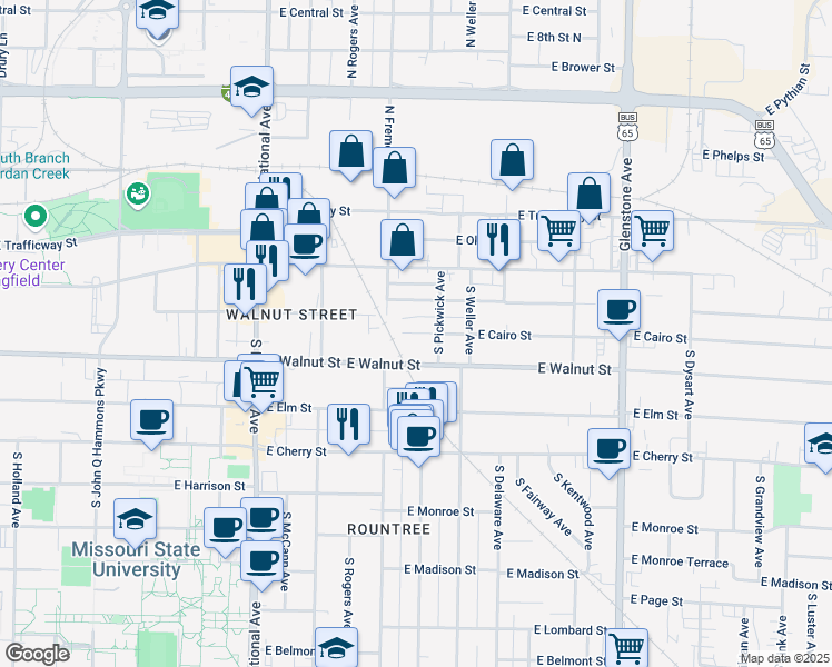 map of restaurants, bars, coffee shops, grocery stores, and more near 1429 East Cairo Street in Springfield