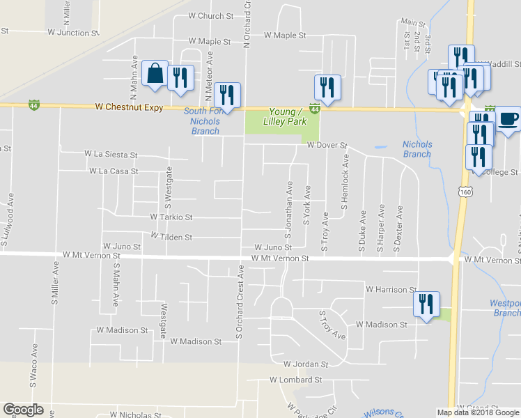 map of restaurants, bars, coffee shops, grocery stores, and more near 4033 West Tarkio Street in Springfield