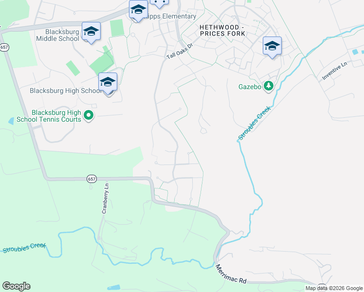 map of restaurants, bars, coffee shops, grocery stores, and more near 5005 Tall Oaks Drive in Blacksburg