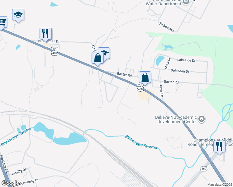 map of restaurants, bars, coffee shops, grocery stores, and more near 1143 East Normandale Avenue in Petersburg