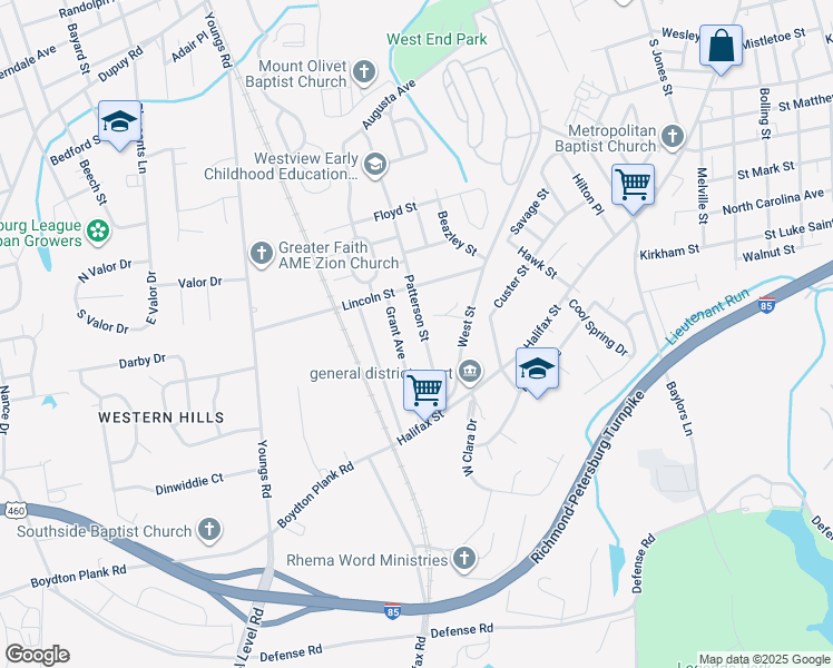 map of restaurants, bars, coffee shops, grocery stores, and more near 1300 Patterson Street in Petersburg