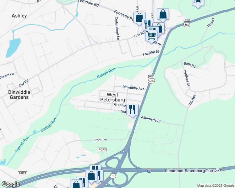 map of restaurants, bars, coffee shops, grocery stores, and more near 25705 Nottoway Avenue in Petersburg
