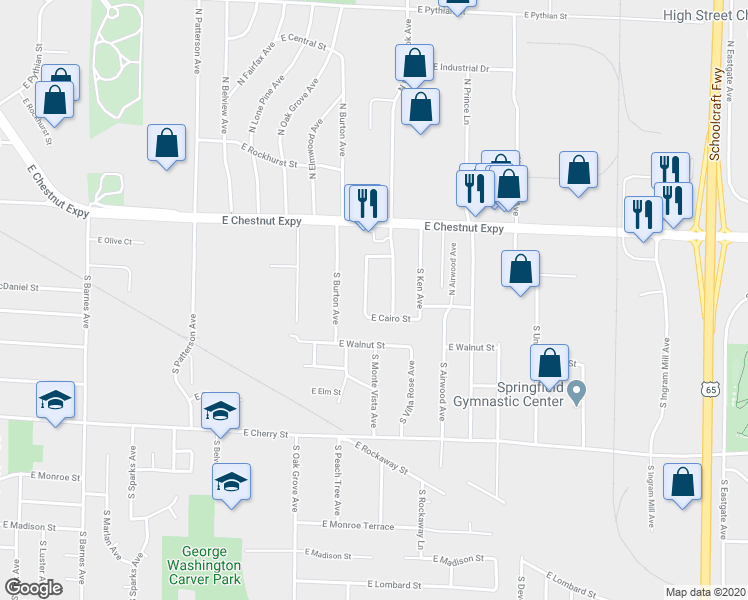 map of restaurants, bars, coffee shops, grocery stores, and more near 234 South Monte Vista Avenue in Springfield