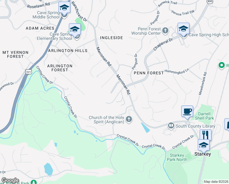map of restaurants, bars, coffee shops, grocery stores, and more near 5842 Penn Forest Place in Cave Spring