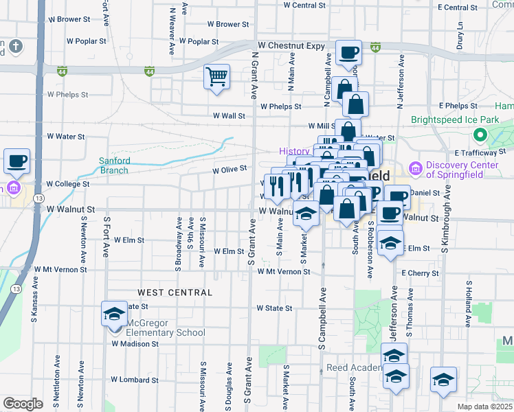 map of restaurants, bars, coffee shops, grocery stores, and more near 639 West Walnut Street in Springfield