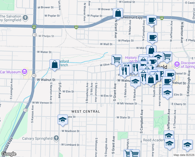 map of restaurants, bars, coffee shops, grocery stores, and more near 831 West Walnut Street in Springfield