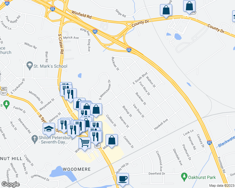 map of restaurants, bars, coffee shops, grocery stores, and more near 1947 Bishop Street in Petersburg