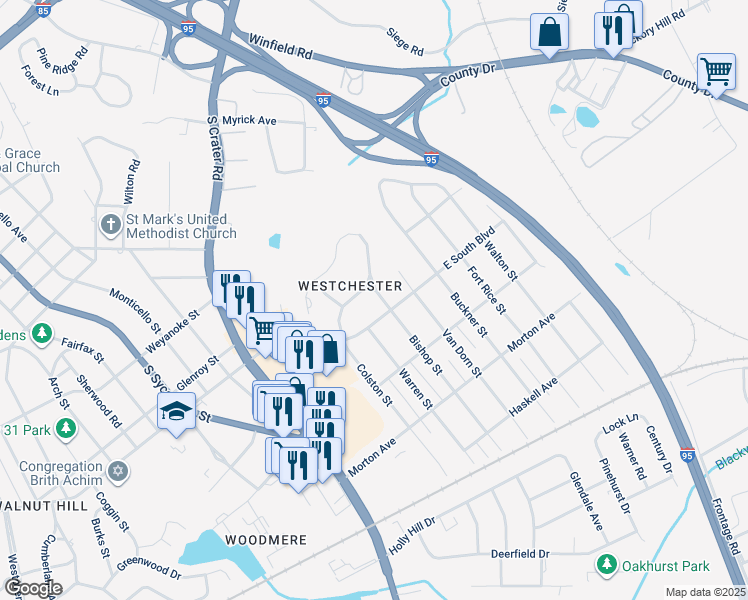 map of restaurants, bars, coffee shops, grocery stores, and more near 1934 Bishop Street in Petersburg