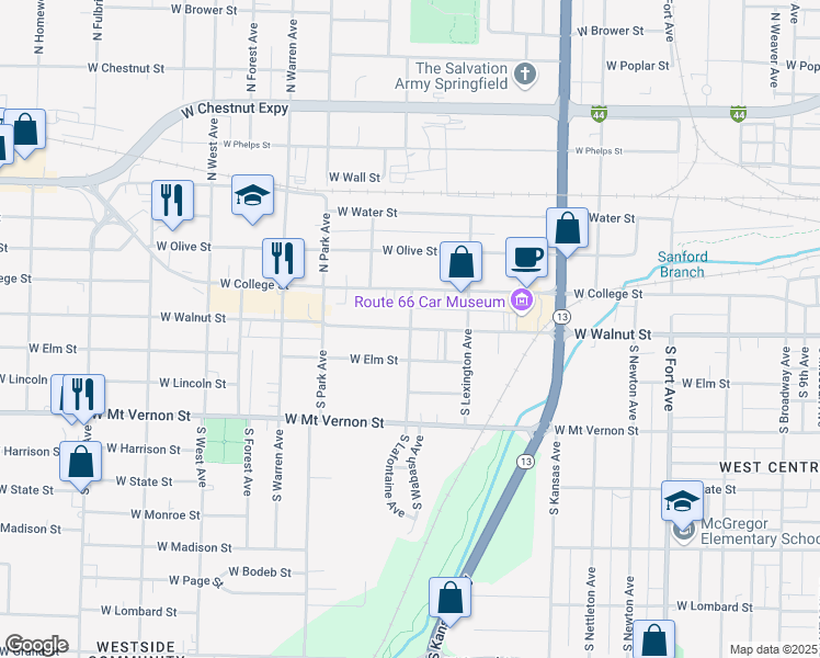 map of restaurants, bars, coffee shops, grocery stores, and more near West Walnut Street in Springfield