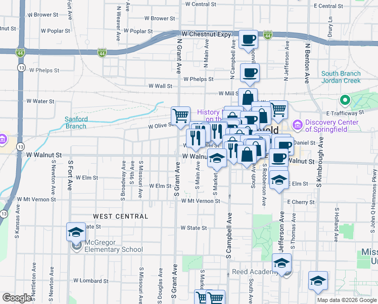 map of restaurants, bars, coffee shops, grocery stores, and more near 623 West Walnut Street in Springfield