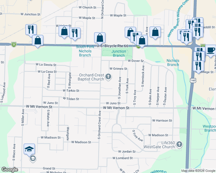map of restaurants, bars, coffee shops, grocery stores, and more near 4033 West Tarkio Street in Springfield