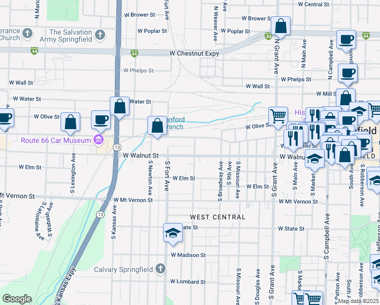 map of restaurants, bars, coffee shops, grocery stores, and more near 1107 West Walnut Street in Springfield
