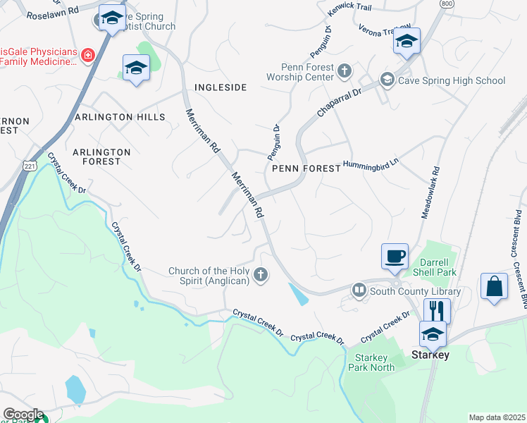 map of restaurants, bars, coffee shops, grocery stores, and more near 5932 Merriman Road in Cave Spring