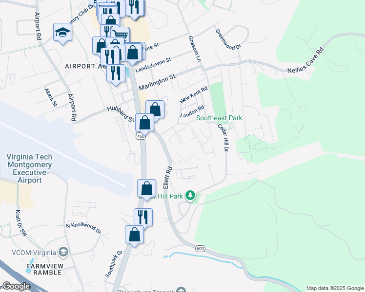 map of restaurants, bars, coffee shops, grocery stores, and more near 1790 Liberty Lane in Blacksburg