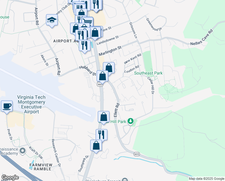 map of restaurants, bars, coffee shops, grocery stores, and more near 208 Virginia 603 in Blacksburg