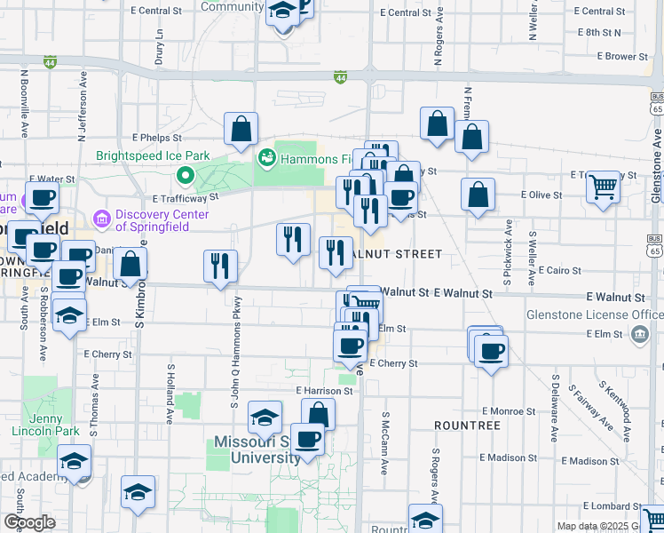 map of restaurants, bars, coffee shops, grocery stores, and more near 315 South Florence Avenue in Springfield