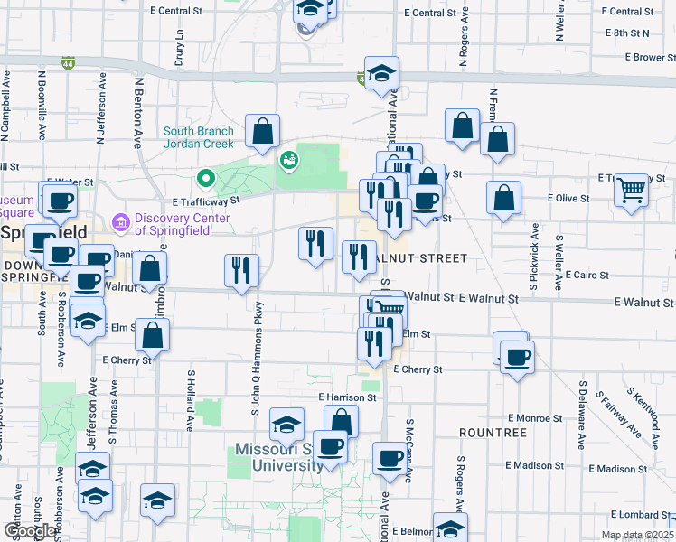 map of restaurants, bars, coffee shops, grocery stores, and more near 319 South Hampton Avenue in Springfield