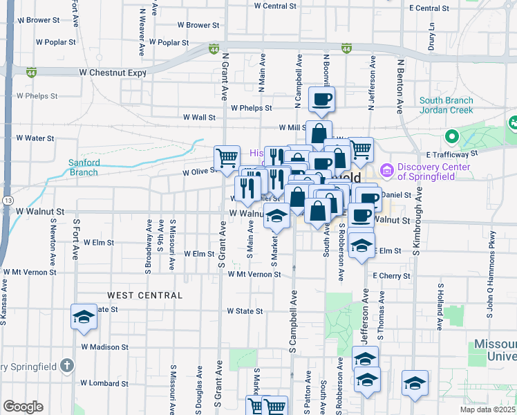 map of restaurants, bars, coffee shops, grocery stores, and more near 535 West Walnut Street in Springfield